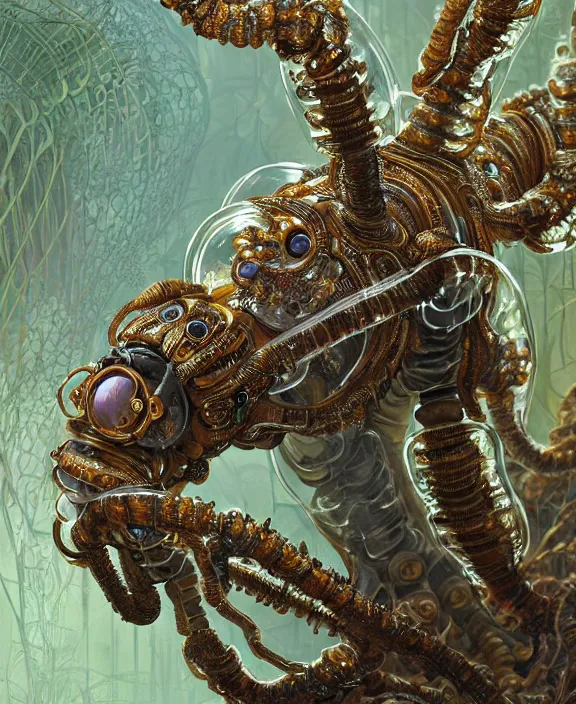 Image similar to intricate ornate opulent transparent clear see - through portrait of a terrifying male alien centipede robot, mottled coloring, adorable, childlike, overgrown jungle environment, ultra realistic, concept art, art nouveau, photorealistic, octane render, 8 k, unreal engine. art by christopher marley and artgerm and greg rutkowski and alphonse mucha