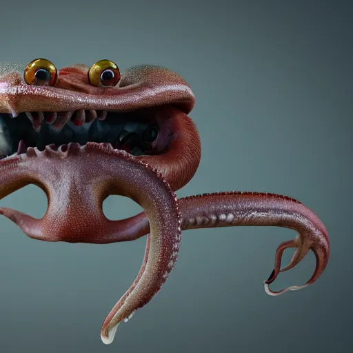 Image similar to hyperrealistic dslr film still of anthropomorphic bucktooth squid, early cuyler, stunning 8 k octane comprehensive 3 d render, inspired by istvan sandorfi & greg rutkowski & unreal engine, perfect symmetry, dim volumetric cinematic lighting, extremely hyper - detailed, extremely lifelike attributes & lifelike texture, intricate, masterpiece, artstation, stunning