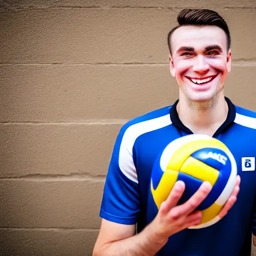 Image similar to a photographic portrait of a young Caucasian man smiling with short brown hair that sticks up in the front, blue eyes, groomed eyebrows, tapered hairline, sharp jawline, wearing a volleyball jersey, sigma 85mm f/1.4, 15mm, 35mm, 4k, high resolution, 4k, 8k, hd, highly detailed, full color, Kodak Kodachrome Film