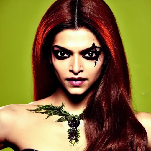 Prompt: A beautiful portrait of Deepika Padukone as Poison Ivy from Batman as a Versace fashion model Spring/Summer 2010, highly detailed, in the style of cinematic, Getty images, Milan fashion week backstage, Makeup by Pat McGrath, Hair by Guido Palau, Greg rutkowski