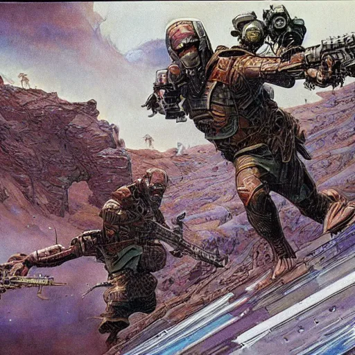 Image similar to futuristic doppelsoldner in combat by James Gurney and moebius.