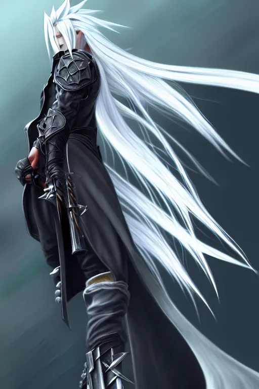 Image similar to sephiroth from final fantasy full view character design, highly detailed, wlop style, artstation, soft light, sharp focus, illustration