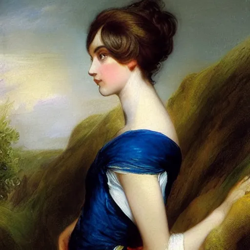 Prompt: Romanticism painting of a young woman with short hair painted in 1803 by Sir Thomas Lawrence