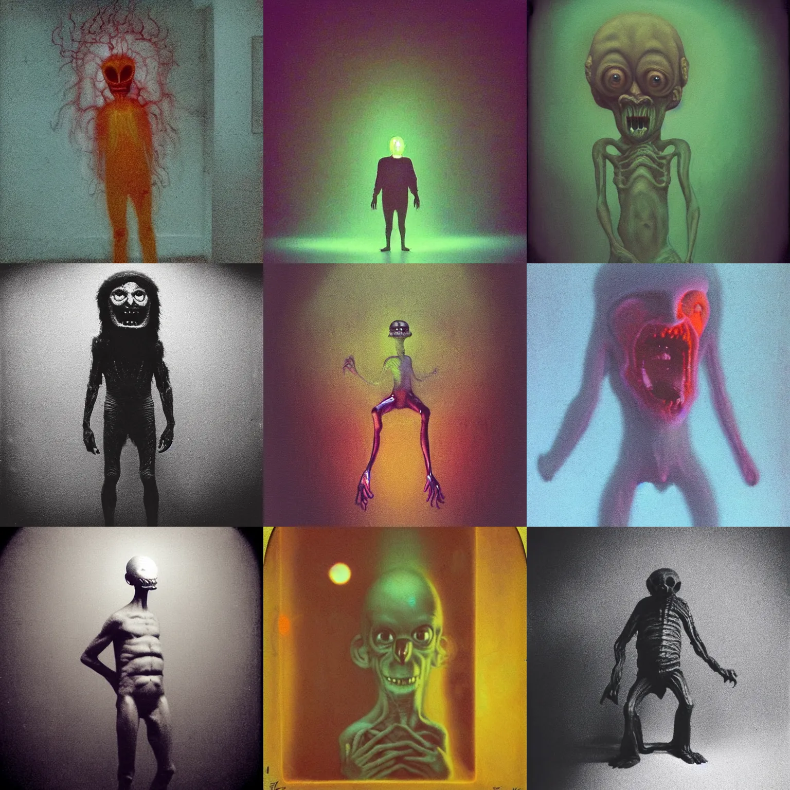 Prompt: glowing guy creature, weird silly thing with big eyes, prancing around in an empty room. goofy smile face, stupid idiot cryptid, spiritual eerie creepy picture, zdislaw beksinski, wiggly ethereal being, surreal animal, leonora carrington, liminal space, studio lighting, polaroid, grainy photograph