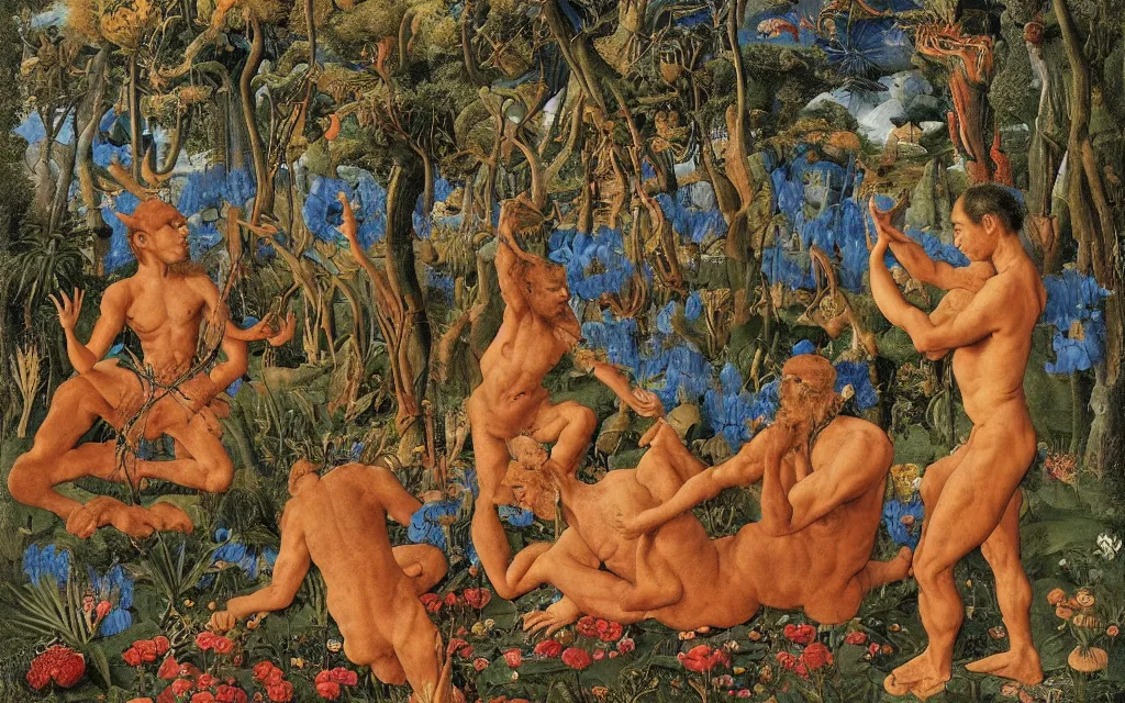 Image similar to a portrait photograph of a meditating satyr and a centaur monk riding a rocket machine and hunting at a river delta. surrounded by bulbous flowers and trees. mountain range under a blue sky of fiery stars. by jan van eyck, max ernst, ernst haeckel, ernst fuchs and artgerm, cgsociety, fashion editorial, 8 k