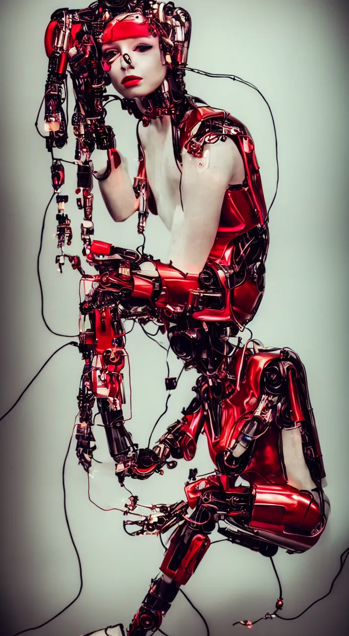 Image similar to woman, android, female robot, cyberpunk, artificial limbs, circuit, wires, mechanisms, tattoos, sitting on a motorcycle, neon lights, hard light, lense flares, glamour, vogue photoshoot, fashion, long dress, red dress, raindrops, rain, wet, make - up, leaky make - up, red lipstick