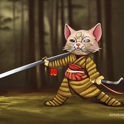 Prompt: samurai anthropomorphic cat sharpening a sword near a fire in the woods, photorealistic, intricate, elegant, highly detailed, smooth, sharp focus,