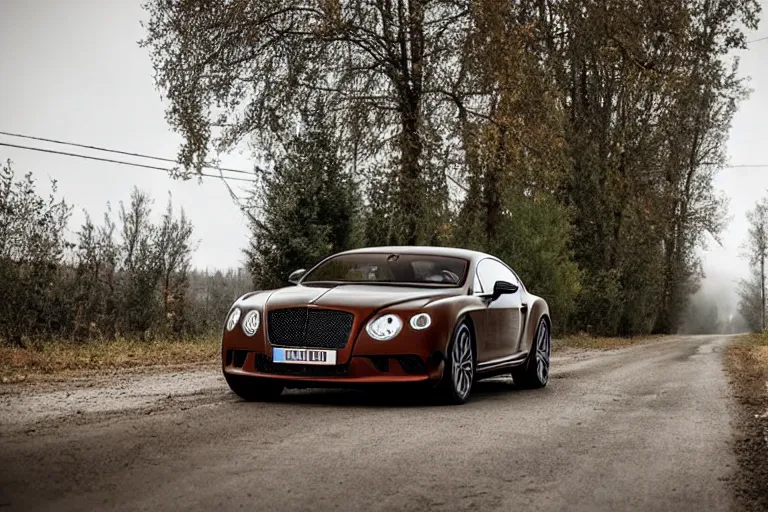 Image similar to modern rusty matte tired Bentley Continental GT without gloss no reflections drives along the road of an old Russian village with houses at the edges