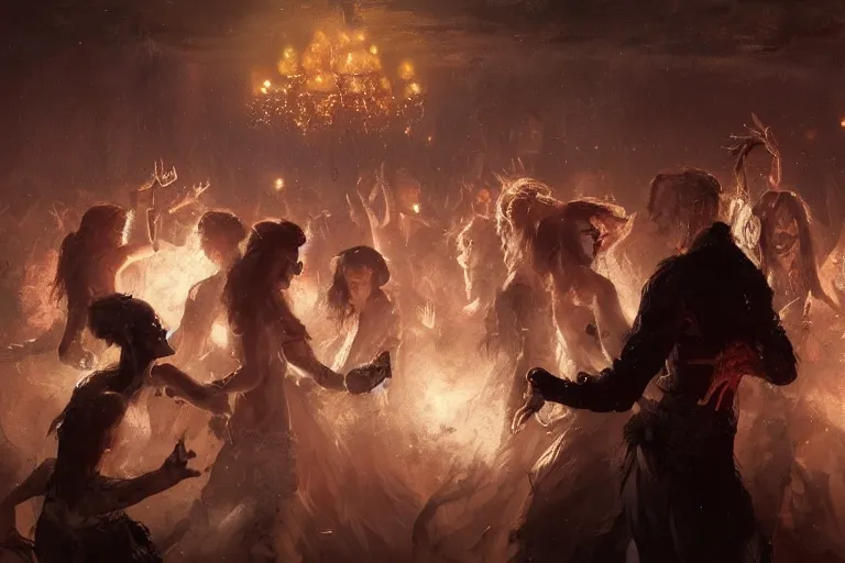 Image similar to Well-groomed zombies dancing in a banquet hall on the dance floor, feeling good as loud music plays, trending on artstation, 4k, 8k, illustrated by Greg Rutkowski and Gaston Bussiere, artstation digital, artstation serene