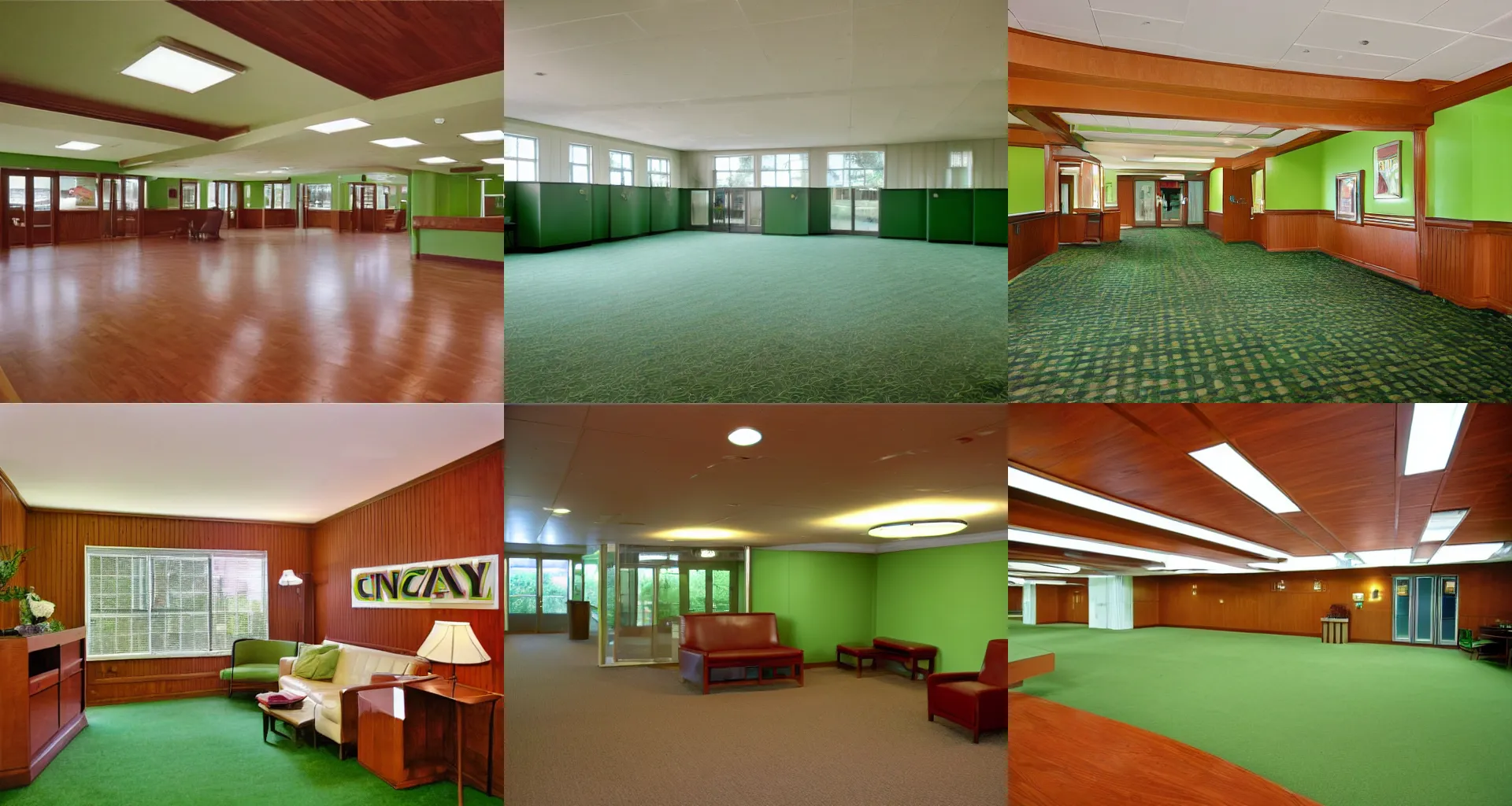Prompt: 1 9 7 0 s closed country club interior, fluorescent box lights, wood grain decal walls, green linoleum floors, zillow listing photo, 2 0 0 8