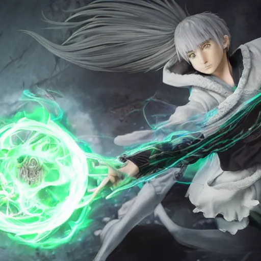 Prompt: a white haired green eyes boy casting a spell. character design. intricate. gesture drawing. line of action. official art, unreal engine 5, unreal engine. tetsuya nomura. medium shot. ray tracing hdr. 8 k. uhd. sharp focus. highly detailed. masterpiece. anime render. cinematic lighting. lifelike. symmetrical face. beautiful face