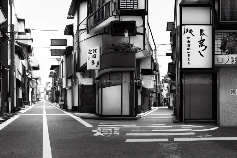 Image similar to still photo of a japanese street, black and white color aesthetic, highly detailed, photorealistic portrait, bright studio setting, studio lighting, crisp quality and light reflections, unreal engine 5 quality render