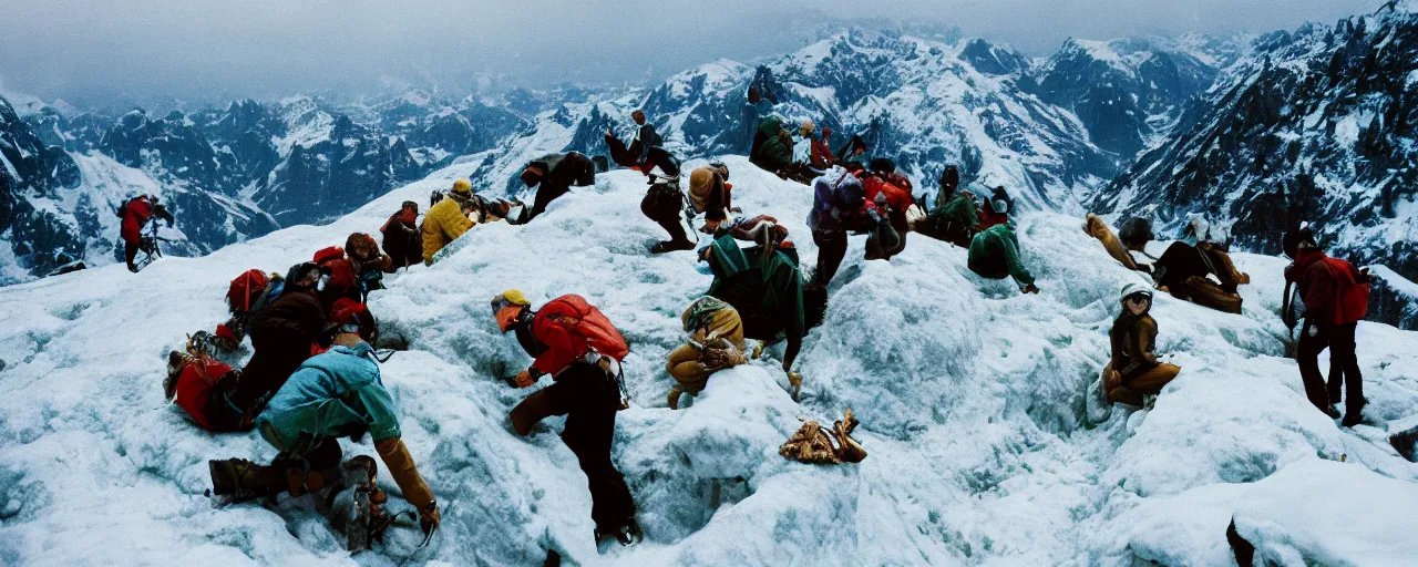 Prompt: hikers climbing over a mound of spaghetti on top of a frozen mountain, canon 5 0 mm, cinematic lighting, photography, retro, film, kodachrome