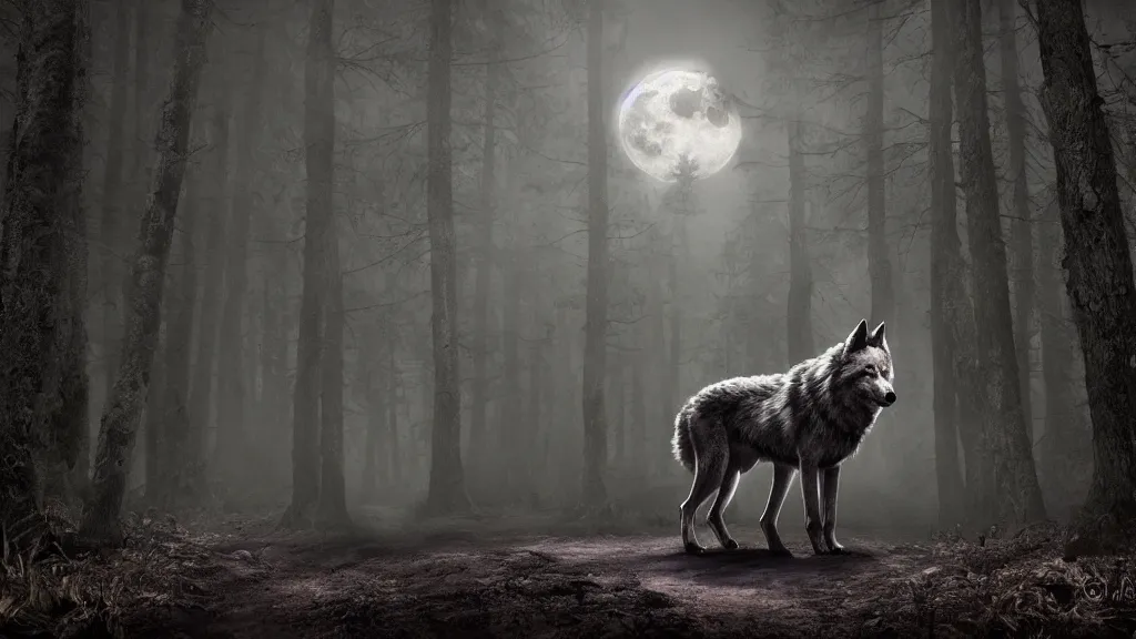 Prompt: a large wolf walking on a dark path through the forest at night under a full moon, 4 k, photorealistic, matte painting,