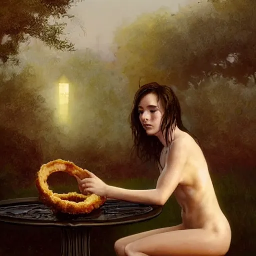 Prompt: in the foreground, a large onion ring tower. In the background a shirtless girl reaches out for it. The girl is covered in blood. portrait, elegant, intricate, digital painting, artstation, concept art, smooth, sharp focus, illustration, art by artgerm and greg rutkowski and alphonse mucha