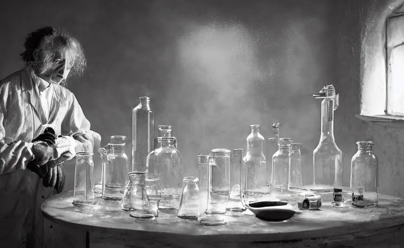 Prompt: in the styles of Jonathan Knowles,Mat Collishaw, Henry Hargreaves,Evelyn Bencicova, Tatiana Skorokhod, Krista van der Niet, and Olivia Parker. A digital photograph of an old alchemist working in dusty old laboratory with flasks and glassware and spilling substances. Hyper-realism, chemistry, caustics, liquids, acids, photography, still life photography.