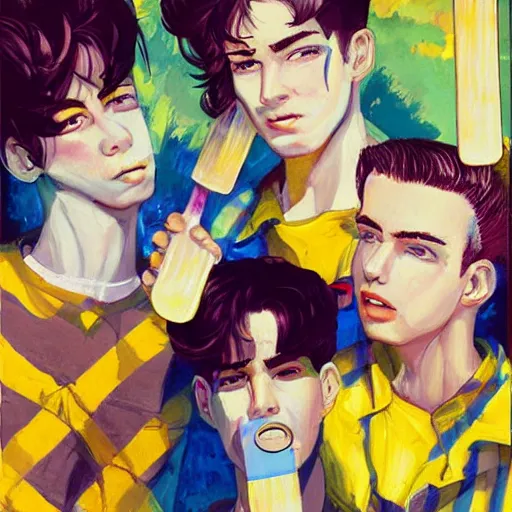 Prompt: a painting of three male teenagers with rockabilly haircuts holding yellow ice pops and looking at women in the streets high details by ross tran