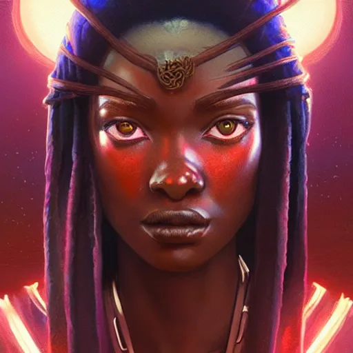 Image similar to african guild of thieves, science fiction, highly detailed, digital painting, beautiful eyes, symmetry, concept art, sharp focus, illustration, global illumination, radiant light, synthwave colors, detailed and intricate environment, art by artgerm and greg rutkowski and magali villeneuve and ilya kuvshinov!