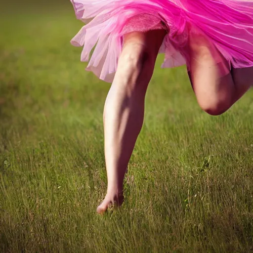 Image similar to a woman in pink frills running around in a field, photograph, photorealistic, award winning photo