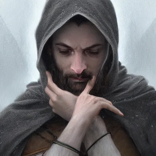 Image similar to epic portrait an hooded man with a beard and serious face, digital painting, artstation, concept art, soft light, hdri, smooth, sharp focus, illustration, fantasy, intricate, elegant, highly detailed, D&D, matte painting, in the style of Greg Rutkowski and Alphonse Mucha and artemisia, 8k, highly detailed, jurgens, rutkowski, bouguereau, pastoral, rustic, georgic, detailed concept art, illustration, colorful pastel, painting, detail, ultra detailed, digital art, 4K,