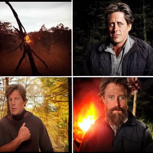 Prompt: extreme log shot, man vs wild, hugh grant, born survivor, face with beard, extreme, wide shot, sunset ligthing, forest and fear, worms, bonfire, art by anderson sophie,