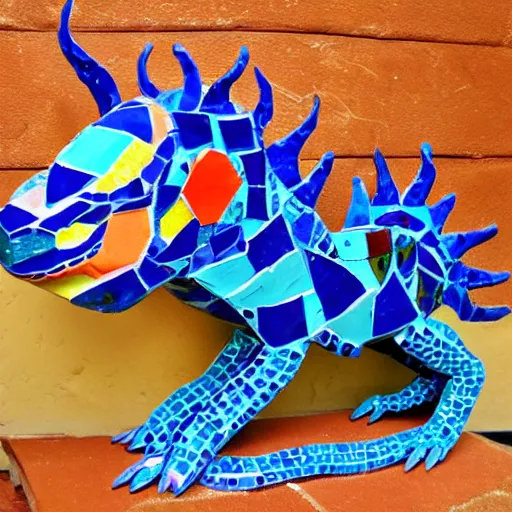 Image similar to mosaic sculpture of a alebrije chimera!!!, irregularly shaped mosaic tiles, hand glazed pottery shards, in the style of folk art, blank background