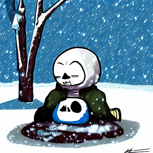 Image similar to Sans from undertale napping under a tree in the snow, digital art