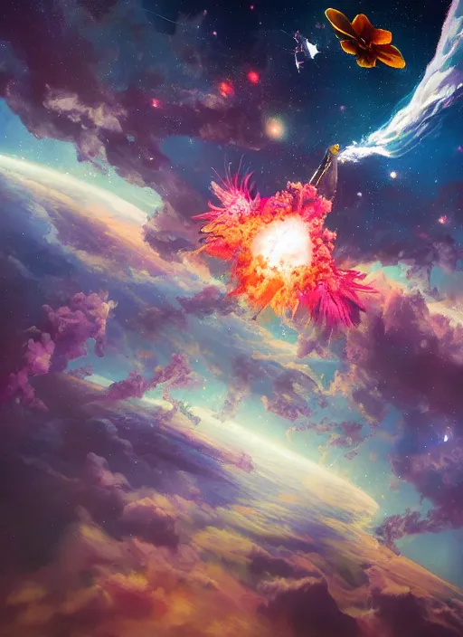 Prompt: An epic fantastic realism comic book style painting of the most beautiful flowers launched into space, bouquets, fisheye lens, unreal 5, DAZ, hyperrealistic, stars in the night sky, octane render, dynamic lighting