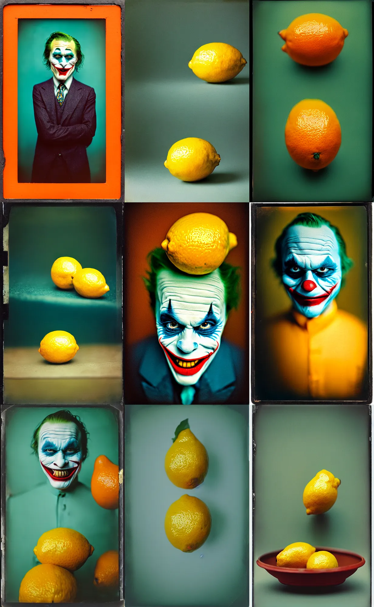 Image similar to kodak portra 4 0 0, wetplate, 8 k, shot of a highly detailed, britt marling style, colour still - life portrait of a lemon looks like 1 9 9 9 joker, teal and orange, muted coloures