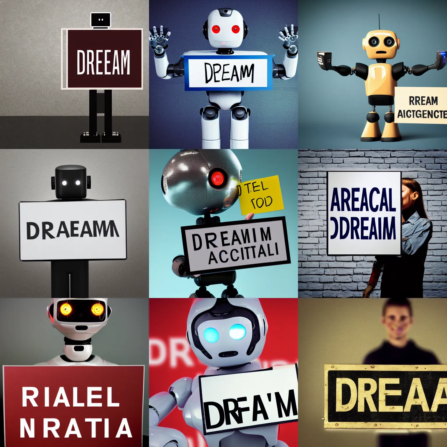 Image similar to realistic high quality photo of artificial intelligence robot holding a sign with text that reads : dream