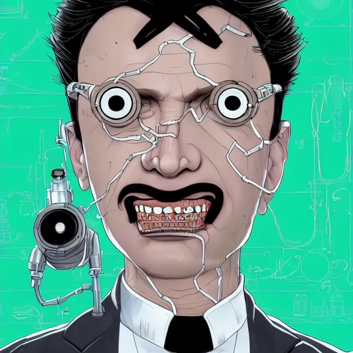 Image similar to A portrait of one! latino mad scientist male with cyborg face looking at the camera with a queasy smile!!, wearing a black suit under a white laboratory coat, in a mixed style of Botticelli and Æon Flux!!, inspired by Simon Stålenhag paintings, and cyberpunk!!!, stunningly detailed, stunning inking lines, flat colors, 4K photorealistic