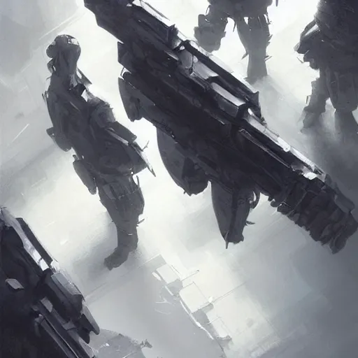 Prompt: concept art by greg rutkowski, soldiers wearing futuristic white and black tactical gear, preparing for combat, brutalist futuristic interior, dim lighting, detailed portraits, nostalgic atmosphere, scifi, digital painting, artstation, concept art, smooth, sharp foccus ilustration, artstation hq