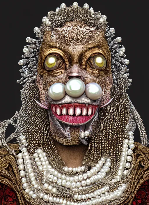 Image similar to hyperrealism, detailed textures, award winning autochrome photo, symetrical japanese pearl, old screaming voodoo pearl priest, autochrome pearl portrait, pearl silverplate, intricate, detailed facial pearl scary animal mask, pearl, golden jewelery, silverplate, ultra realistic, cinematic, intricate, cinematic light by steve mccurry, unreal engine 8 k