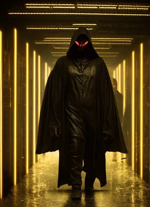 Prompt: dark figure wearing black robe with subtle trim gold accents hooded skull cyberpunk bladerunner 2049 movie still (2017)