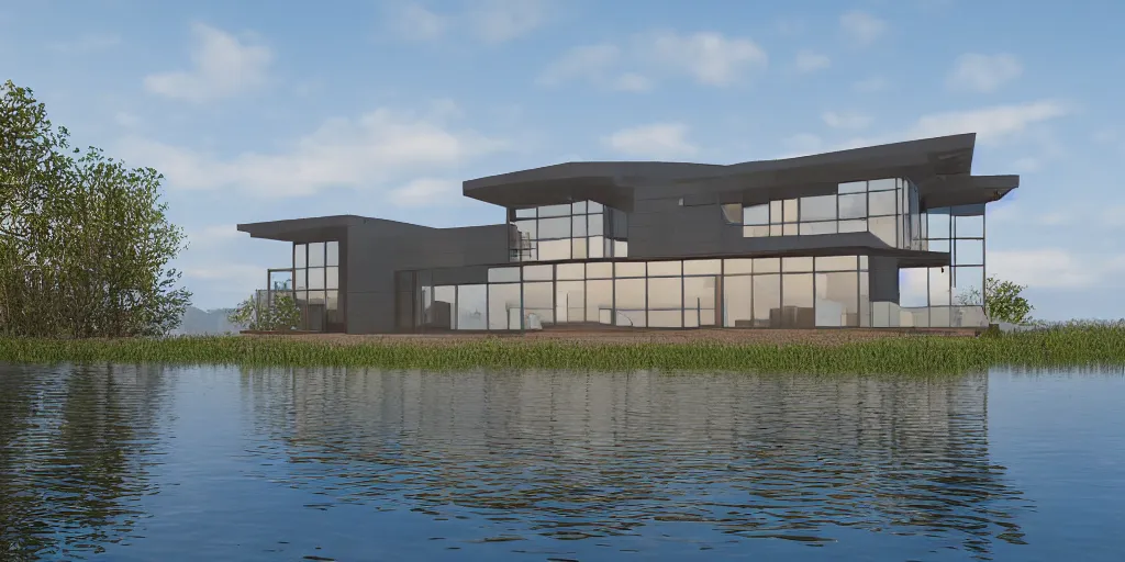 Image similar to modern house on a lake, reflections, sun, ultra realistic, epic lighting, unreal engine 5