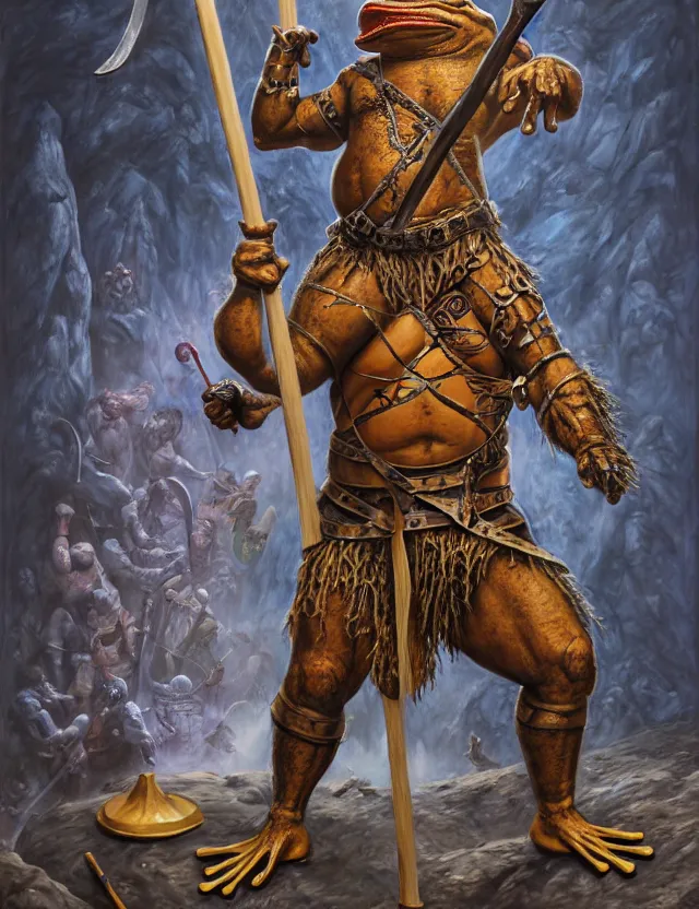 Image similar to anthropomorphic bipedal frog that is dressed as a medieval barbarian, and holding a giant club, as a matte oil painting, d & d character reveal, by alex grey, standing, fullbody, tattoos, piercings, knickknacks, mystic, concept art, award - winning, extremely detailed, sharp focus