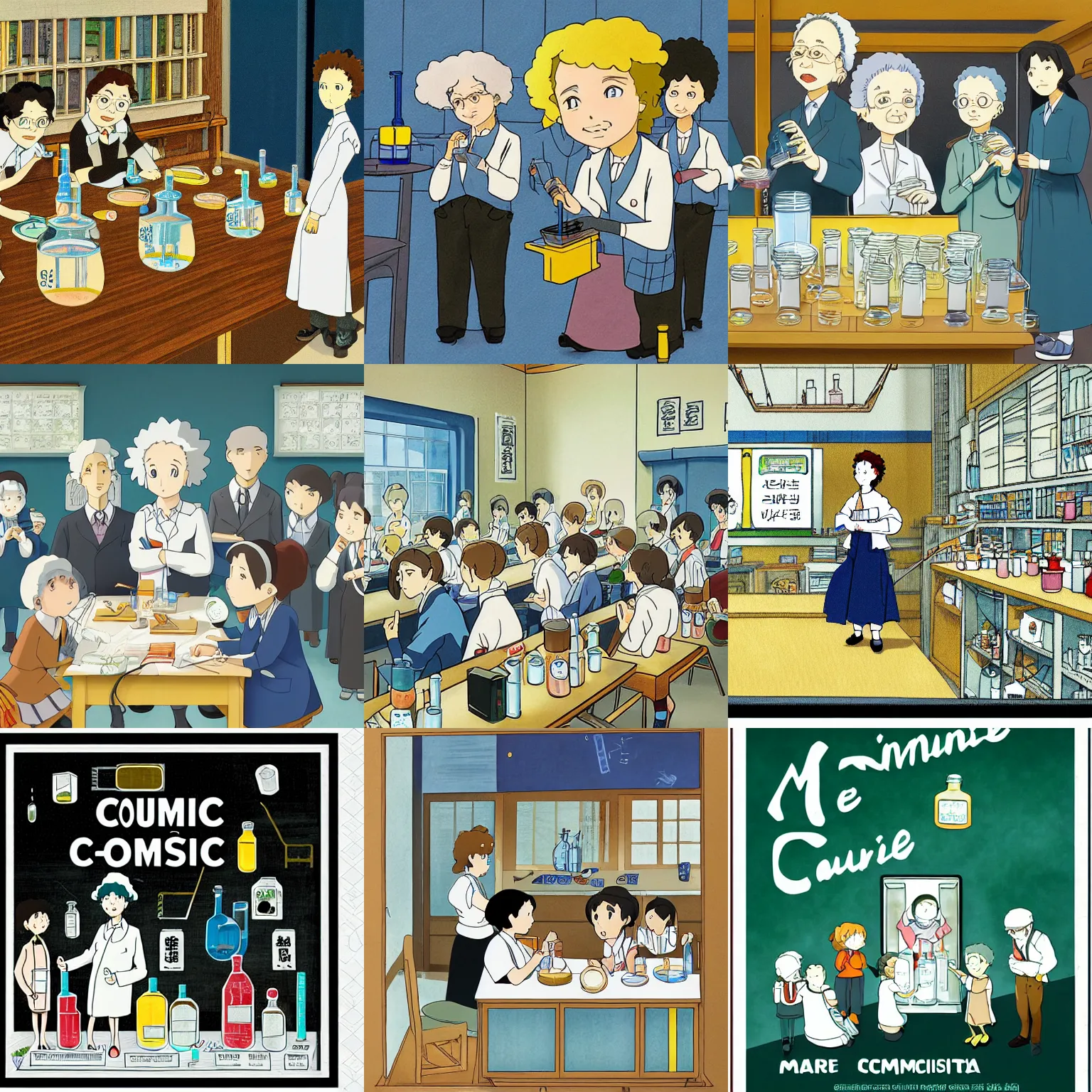 Prompt: marie curie chemistry class, detailed illustration by studio ghibli