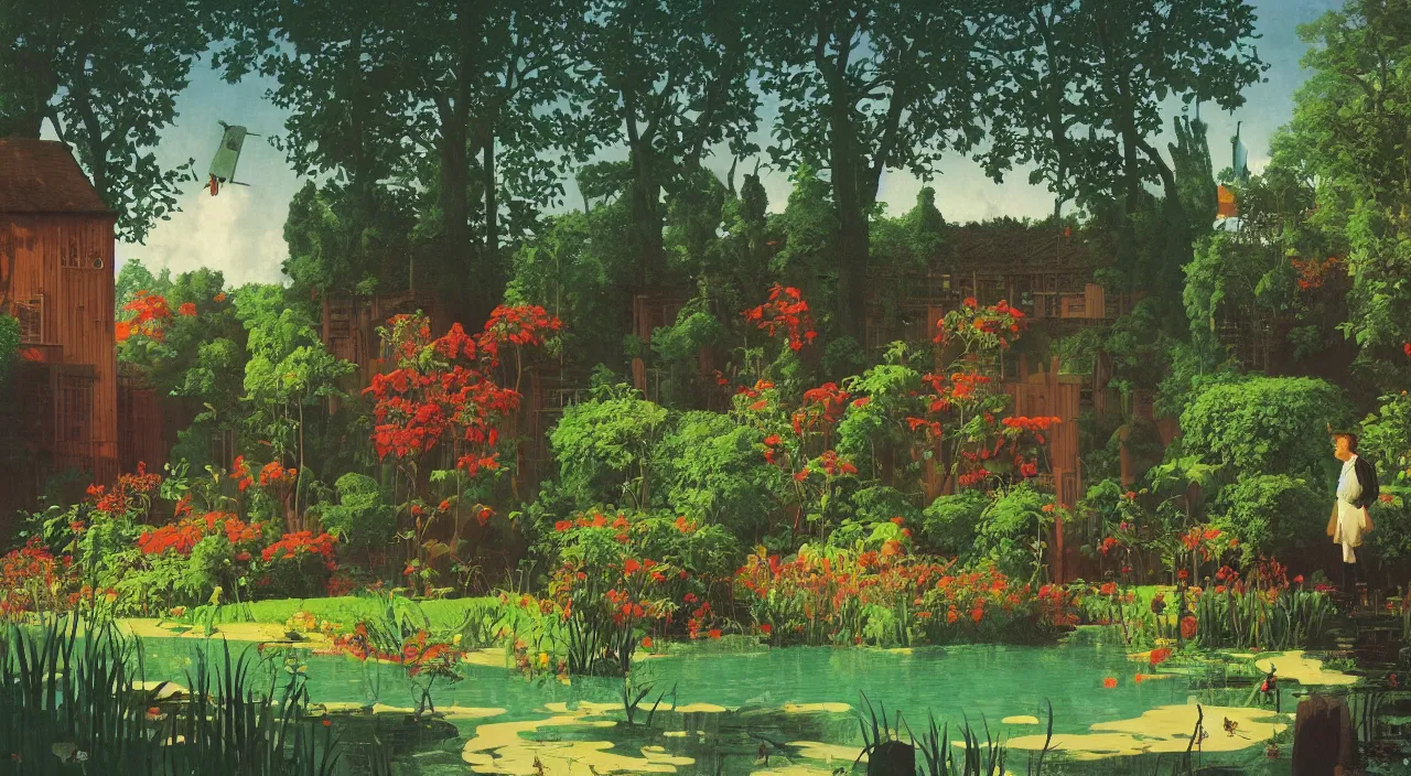 Prompt: single flooded simple wooden garden, very coherent and colorful high contrast!! masterpiece by rene magritte simon stalenhag carl spitzweg syd mead norman rockwell edward hopper james gilleard, minimalist, dark shadows, sunny day, hard lighting