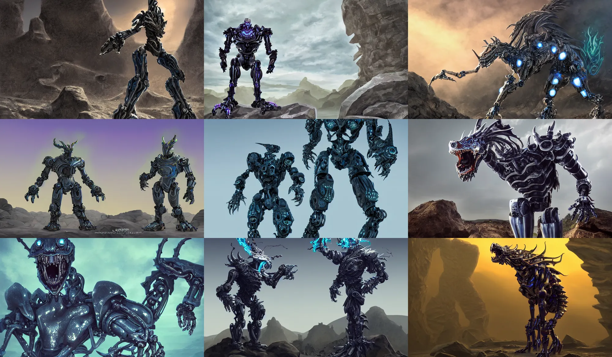 Prompt: Snarling biomechanical anthropomorphic robot dragon armor standing in a rock quarry, high contrast, magic hour photography, good value control, rule of thirds, centered, science fiction, silver and blue color schemes, rubber suit, ultra realistic, glowing eyes, glowing mouth, low purple flame, high quality, 4k, concept art, illustration, League of Legends Character Splash Art