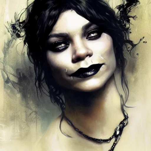 Image similar to beautiful portrait of vanessa hudgens as death from sandman, smiling, by cedric peyravernay, alphonse mucha, by jeremy mann, by lecouffe deharme, goth chic, soft lightning, eyeliner, punk rock, high detailed, 8 k