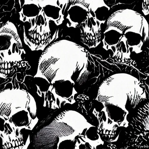 Image similar to Skulls lying under a dead tree. Close Up Shot, Dark Fantasy, Film Noir, Black and White. High Contrast, Mike Mignola, D&D, OSR