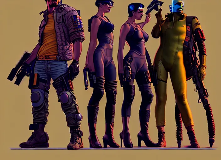 Image similar to cyberpunk mercenary team. portrait by stonehouse and mœbius and will eisner and gil elvgren and pixar. character design. realistic proportions. cyberpunk 2 0 7 7 character art, blade runner 2 0 4 9 concept art. cel shading. attractive face. thick lines. the team. diverse characters. artstationhq.