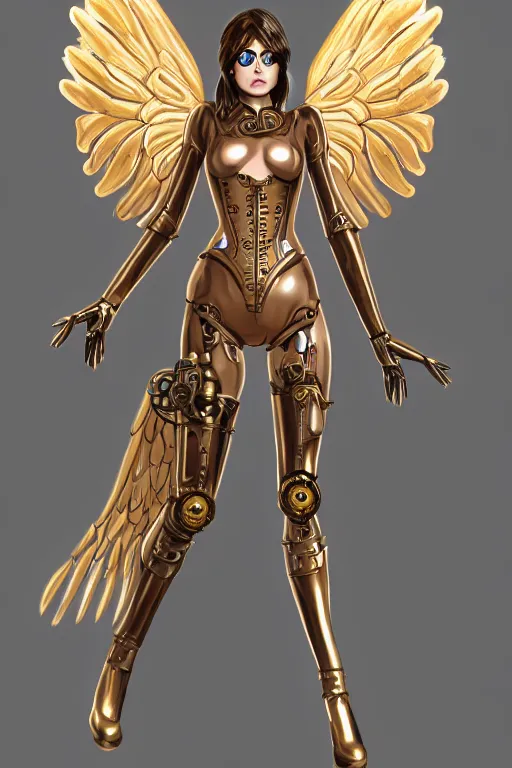 Prompt: Steampunk Angel, mechanical wings, gear halo, empty eyes, metallic bronze skin, golden tech robes, female looking, normal lenght legs, steampunk fantasy, extremely detailed, trending on artstation