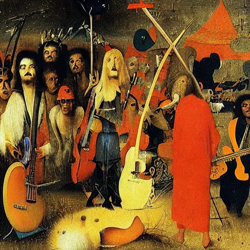 Image similar to jimy hendrix at woodstock by hieronymus bosch