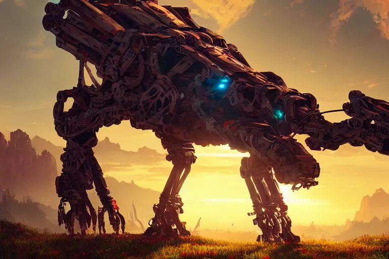 Image similar to tallneck machine mecanical creature robot of horizon forbidden west horizon zero dawn radiating a glowing aura global illumination ray tracing hdr fanart arstation by ian pesty and alena aenami artworks in 4 k