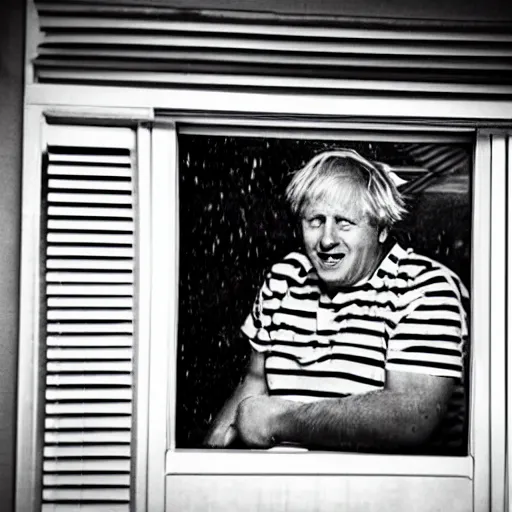 Image similar to a photo taken from the inside of an old house with window blinds being pulled back to reveal a terrifying boris johnson with his face pressed against the window with his hand on the window and a horrifying grin. horror, black and white, raining, night time