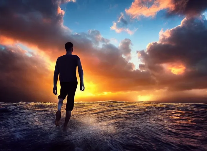Prompt: a man walking in the middle of two giant wave walls at sunset, dreamy, matte painting, fancy lighting, complementary colours, high quality, highly detailed, godrays, calm, relaxing, beautiful landscape, serene landscape