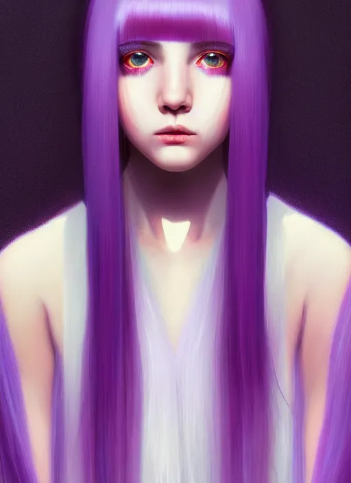 Image similar to hair whitebangs hair, black hair, whitebangs, portrait of teenage girl with white bangs, red irises, purple clothes, white bangs, bangs are different color from hair, intricate, elegant, glowing lights, highly detailed, digital painting, artstation, concept art, smooth, sharp focus, illustration, art by wlop, mars ravelo and greg rutkowski