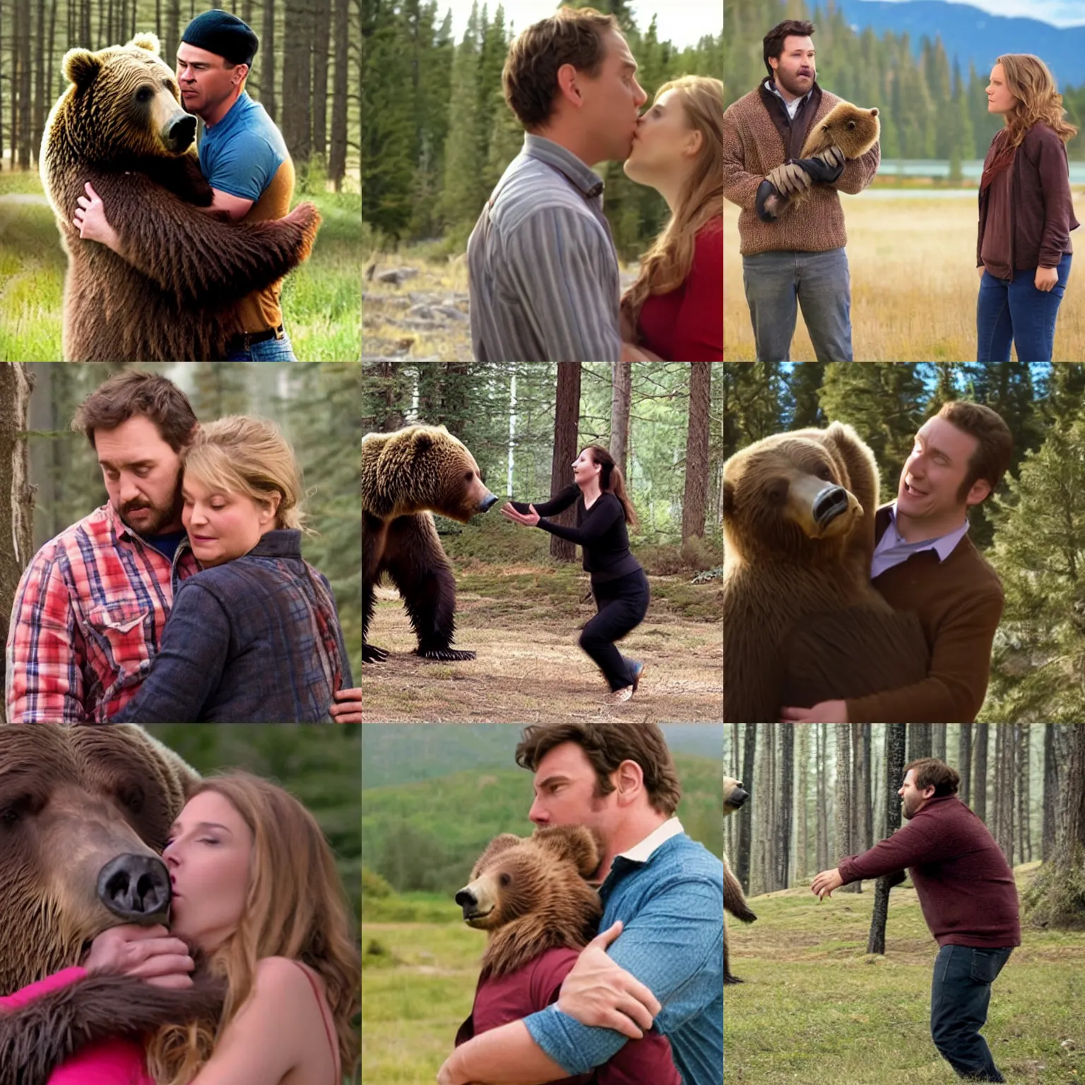 Prompt: Movie Still from Romantic Comedy Reasons to Hug starring A Grizzly Bear
