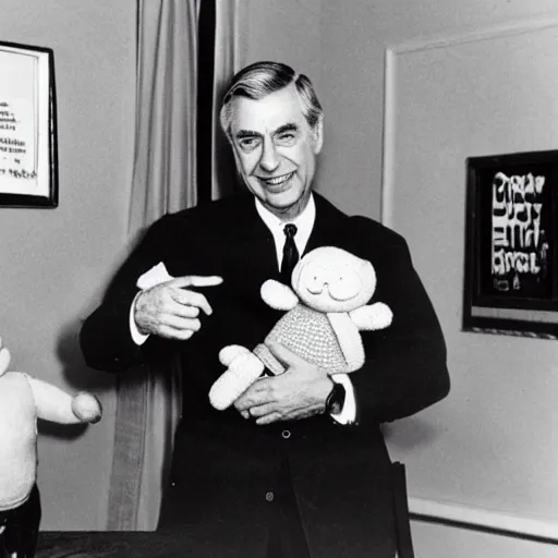 Prompt: Mr. Rogers surrounded by evil killer dolls